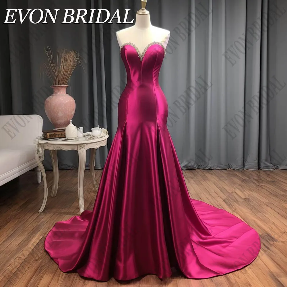 

EVON BRIDAL Fuchsia Strapless Crystal Evening Dresses Mermaid Sexy Sleeveless Satin Dubai Formal Occasion Dress vestidos de gala