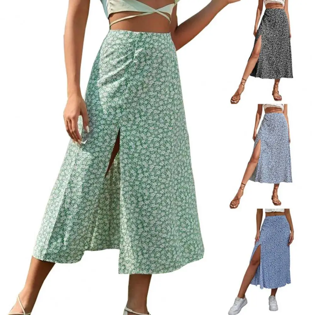 

Women Long Skirt Breathable High Split Mid Waisted Hip Wrap A Line Swing Elegant Floral Print Summer Ladies Skirt Dating Wear