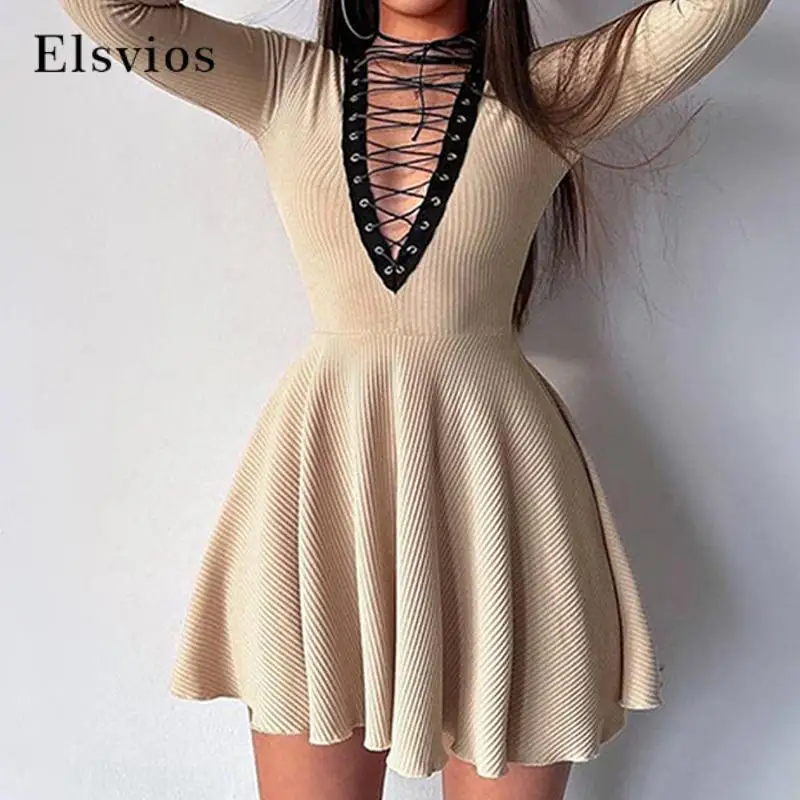 Женское сексуальное кружевное ажурное мини-платье, модное женское платье в рубчик, элегантное платье с V-образным вырезом и длинным рукавом, платья 
Женское сексуальное кружевное ажурное мини-платье, модное женское платье в рубчик, элегантное платье с V-образным вырезом и длинным рукавом, платья