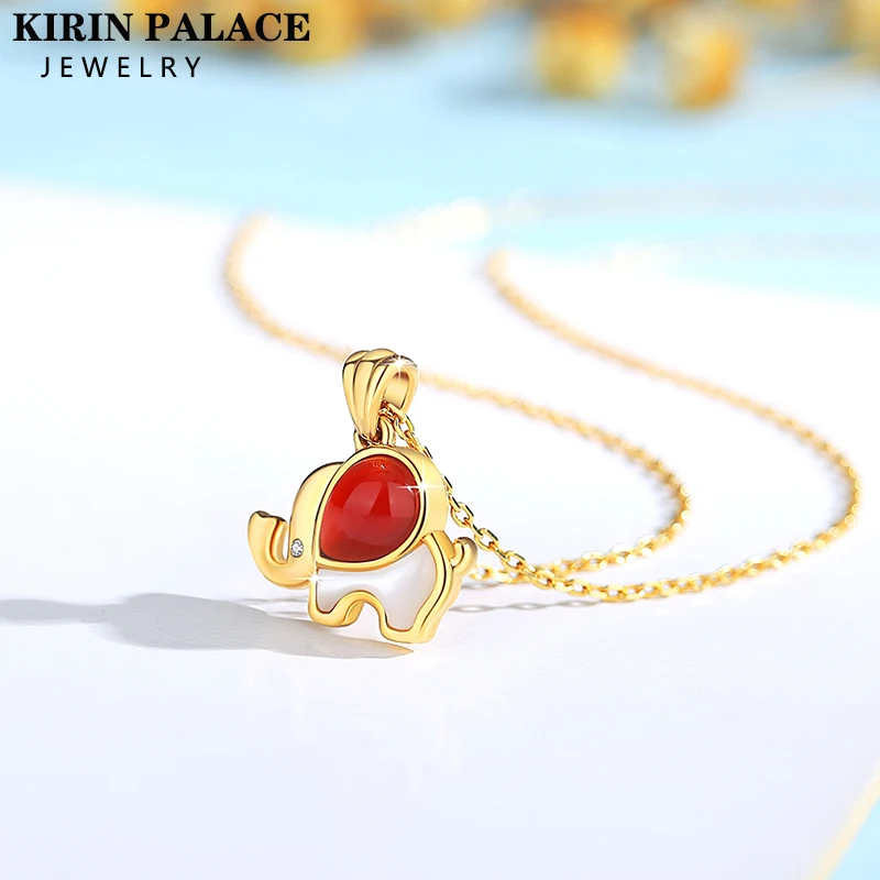 

Natural Red Agate AU750 Necklaces for Women Solid 18K Yellow Gold Cut Elephant Pendant for Anniversary Custom New