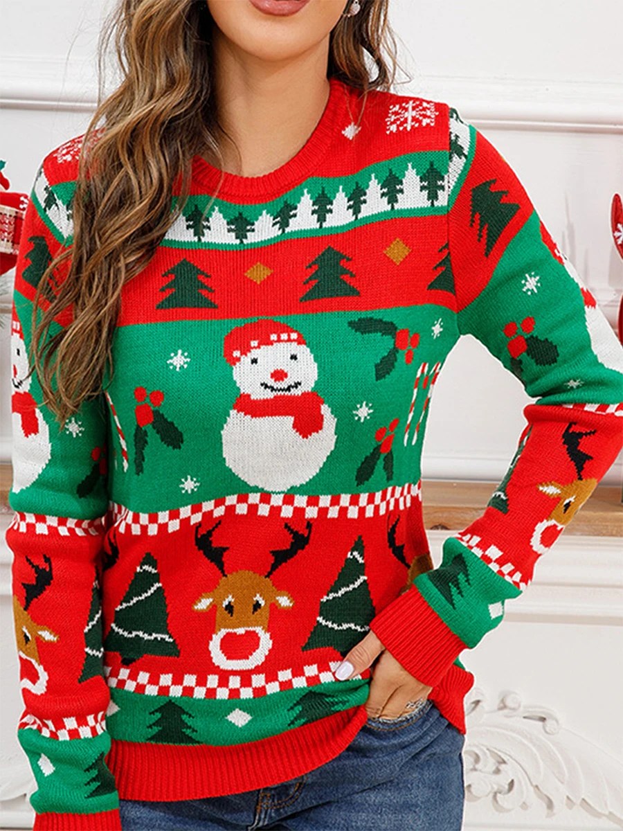 

Women Christmas Knit Sweater Contrast Color Cartoon Snowman Elk Jacquard Long Sleeve Pullovers Crew Neck Jumpers