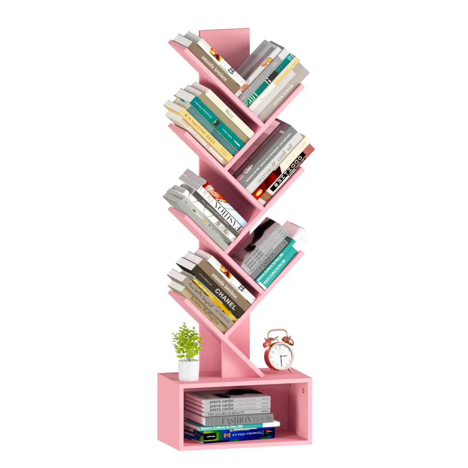 

Tree Bookshelf - 6 Shelf Retro Floor Standing Bookcase, Tall Wood Book Storage Rack for CDs/Movies/Books, Pink
