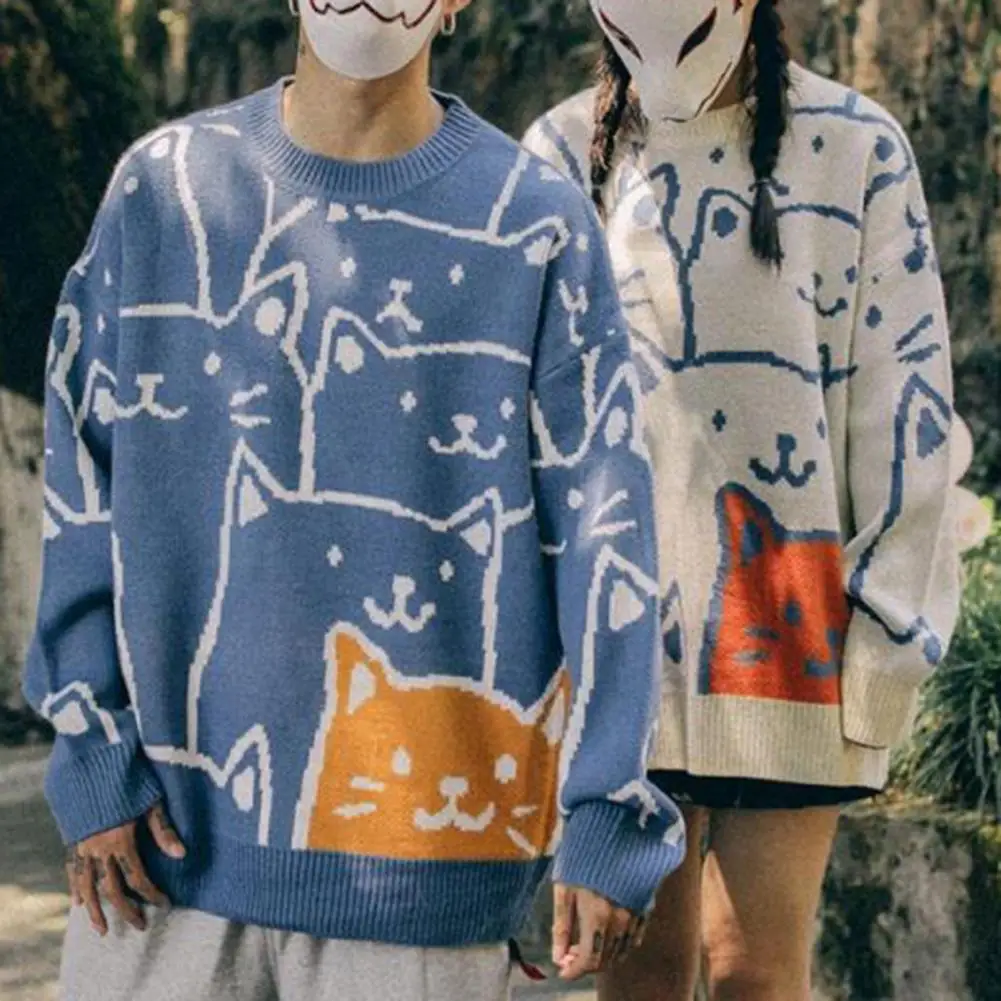 

Легкий мужской свитер в японском стиле ретро Harajuku, мультяшный Кот, вязаный свитер для мужчин, Большой Зимний пуловер для осени