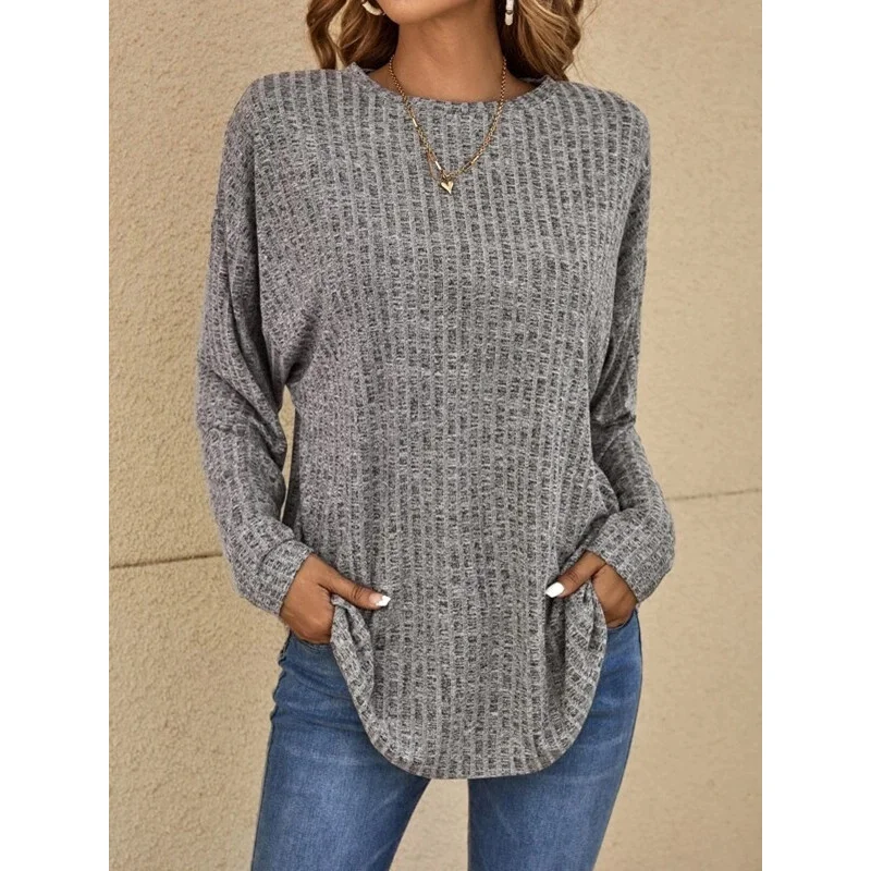 

New Elegant Women's jumper Solid Casual Knitted Sequoia O Neck Pit Striped Top Long Sleeved Loose T-shirt for Women Pullovers