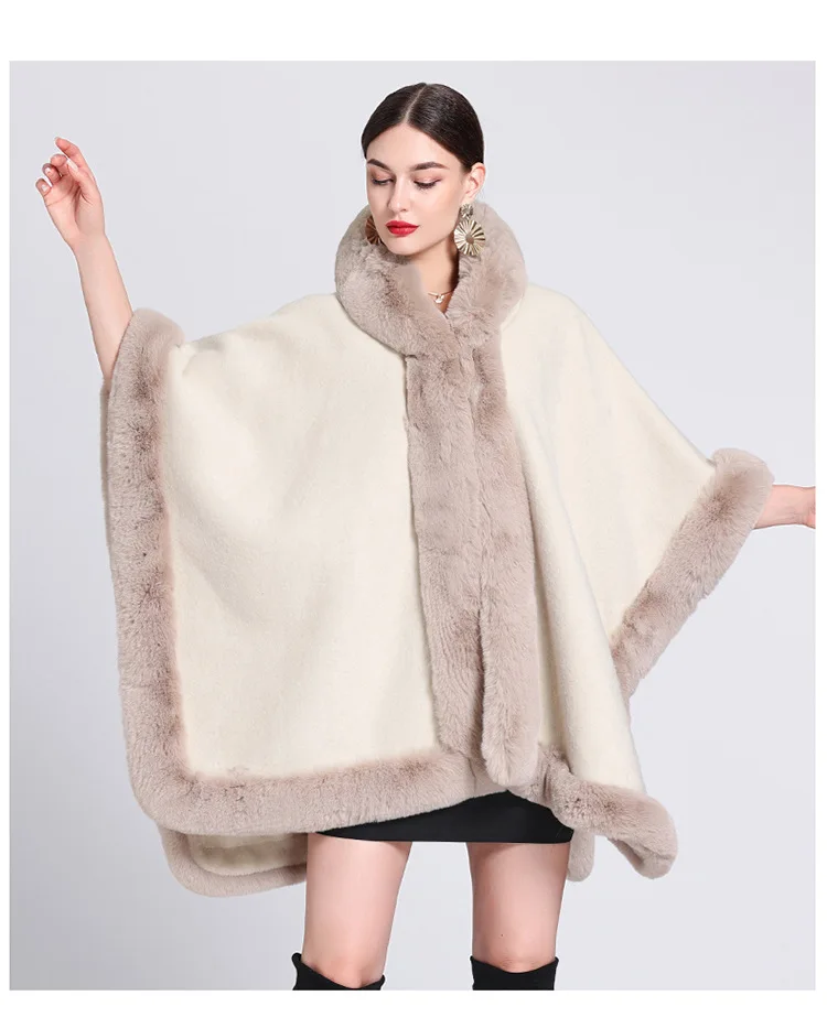 

Women Winter Thick Warm Striped Poncho Cape Faux Fur Cardigan Cloak Loose Big Pendulum Batwing Sleeves Long Shawl Coat With Hat