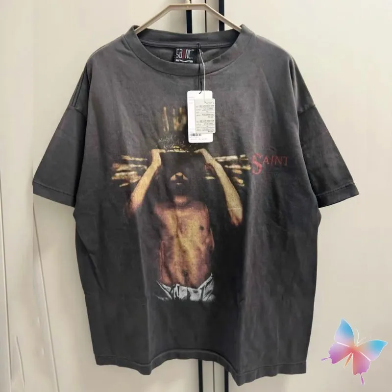

24ss Vintage Black Saint Michael T-shirts Cotton Black Washed Hole Short Sleeve Tops Hiphop Street Oversized Men Women T Shirts