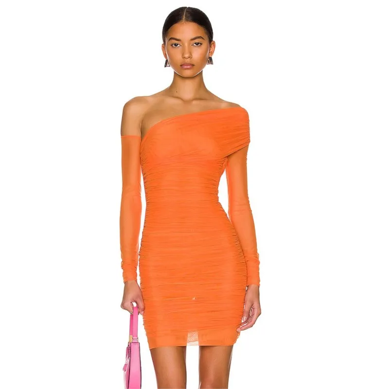 Women Backless One-shoulder Sleeve Dresses Wrapped Sheer Diagonal Collar Folds Mini-skirts Slim Solid Sexy Party Gown 
Women Backless One-shoulder Sleeve Dresses Wrapped Sheer Diagonal Collar Folds Mini-skirts Slim Solid Sexy Party Gown