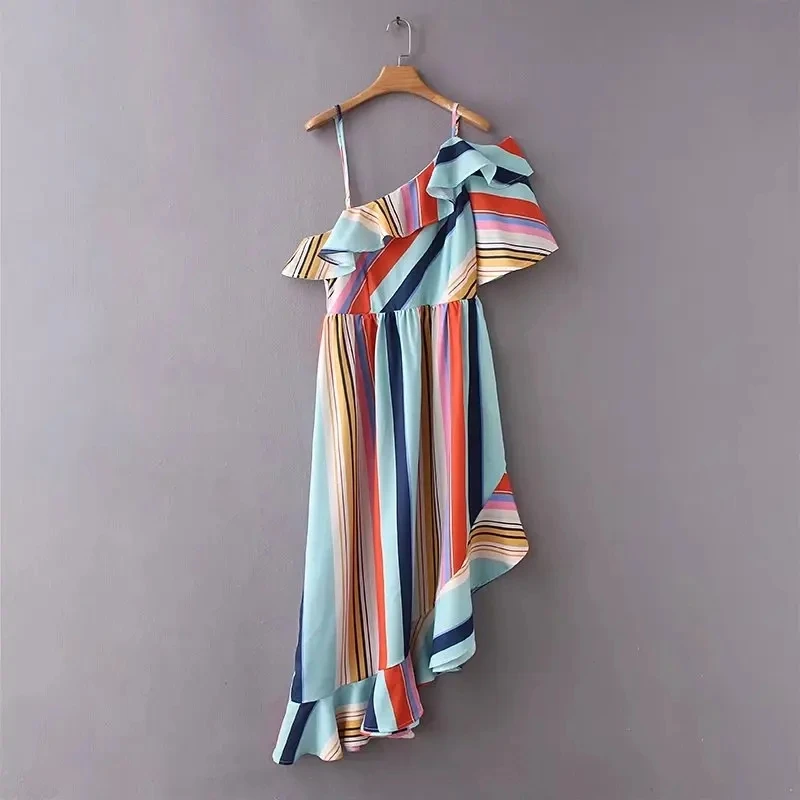 

new women Color stripes Asymmetrical sexy Sling dress Casual One-Shoulder Ruffles dresses lady Clothing vestidos D1603