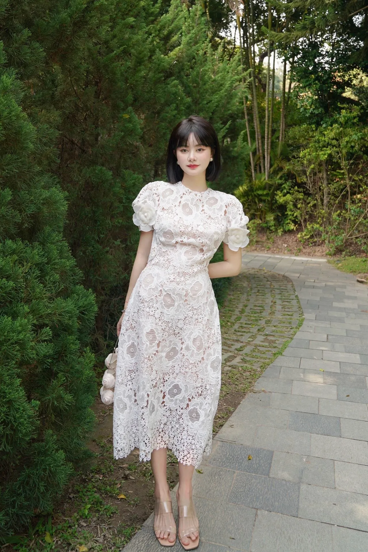 

Ln the summer of 2022 the new short sleeve hubble-bubble sleeve lace hollow out female dress skirt cultivate one's morality