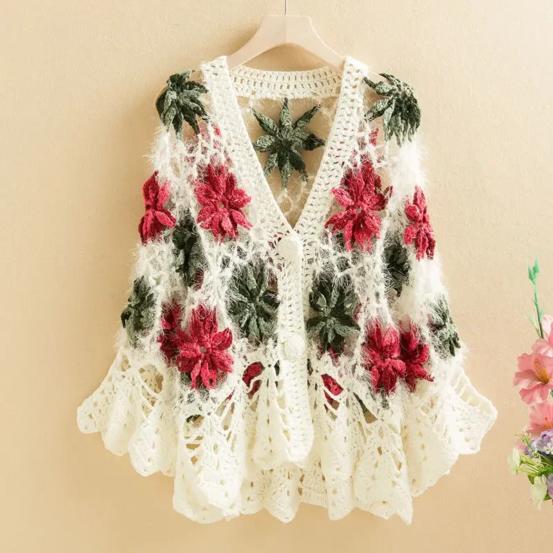 

Sweater Coat New Heavy Industry Joker Three-dimensional Flower Hollow Crocheted Sweater Cardigan Women Spring Summer