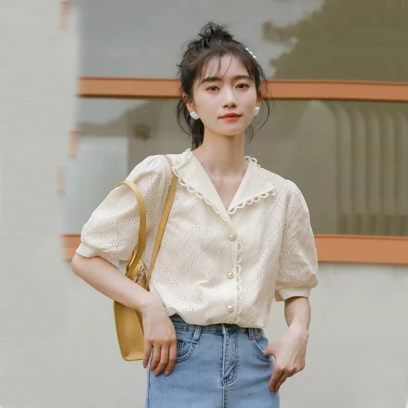 Sweet Puff Sleeve V Neck Women Shirt Summer Loose White Turn Down Collar Short Sleeve Tops Harajuku Office Lady All Match Blouse
Sweet Puff Sleeve V Neck Women Shirt Summer Loose White Turn Down Collar Short Sleeve Tops Harajuku Office Lady All Match Blouse