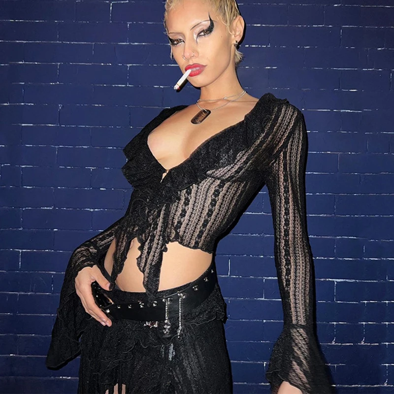 Goth Dark Cyber Gothic Punk Mesh Sexy Ruffles Blouses Y2k Flare Sleeve V-neck See Through Shirts Bodycon Fashion Party Crop Tops
Goth Dark Cyber Gothic Punk Mesh Sexy Ruffles Blouses Y2k Flare Sleeve V-neck See Through Shirts Bodycon Fashion Party Crop Tops