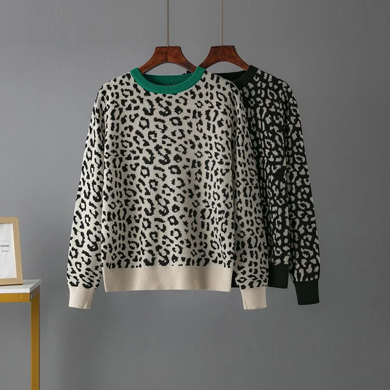 

Женский джемпер с леопардовым принтом, осенне-зимний вязаный Свитер оверсайз, жаккардовый пуловер из смешанной шерсти, 2023