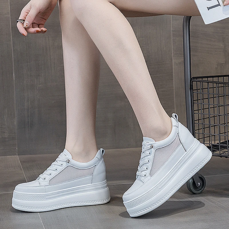 

Female White Sneakers Summer Internal Height Increase Mesh Breathable Shoes Thick Bottom Casual Trainers Sapato Femininos