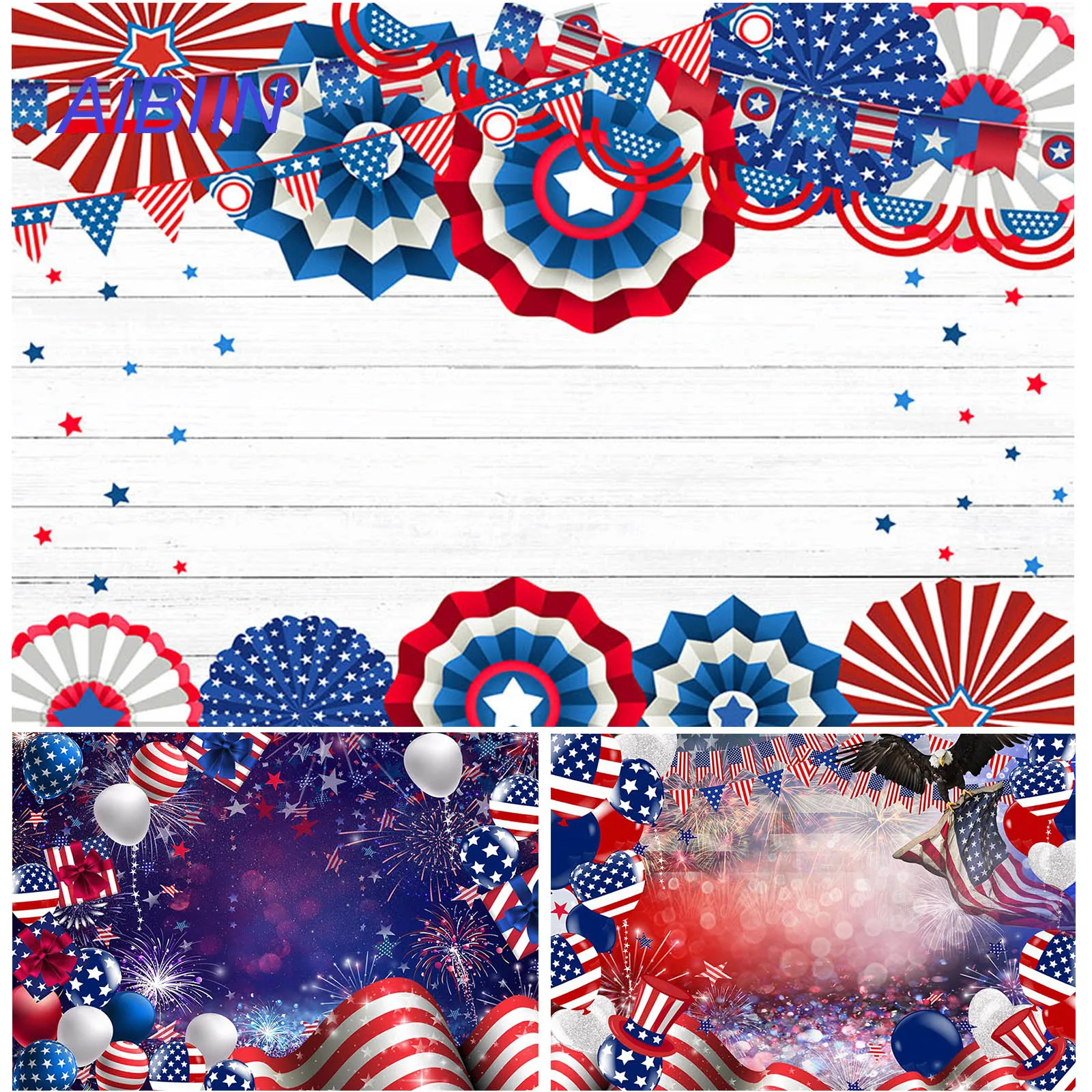 

AIBIIN 4th of July Patriotic Photography Backdrop American Flag Fan Star Stripes Memorial National Independence Day Background