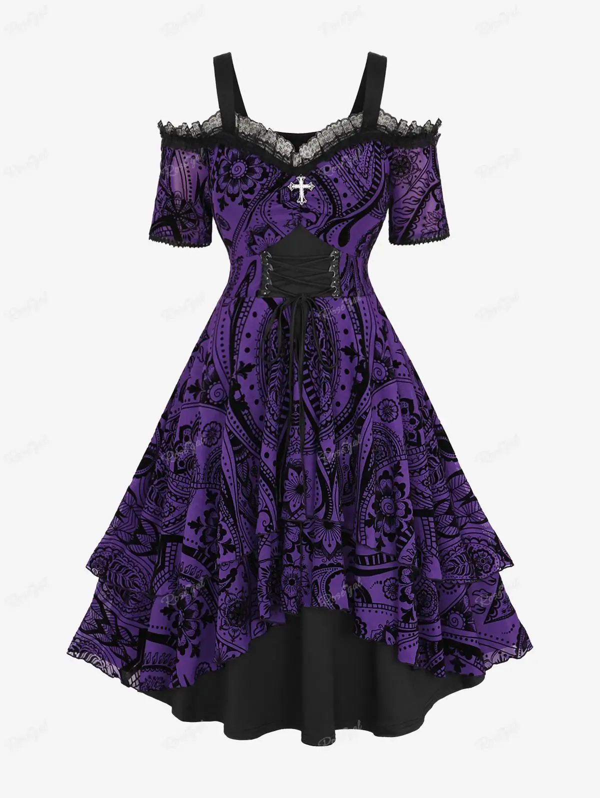 

ROSEGAL Plus Size Cold Shoulder Dress 2024 Women's Spring Summer Purple Dresses Lace Up Ruched Cross Floral Flocking Vestidos 5X