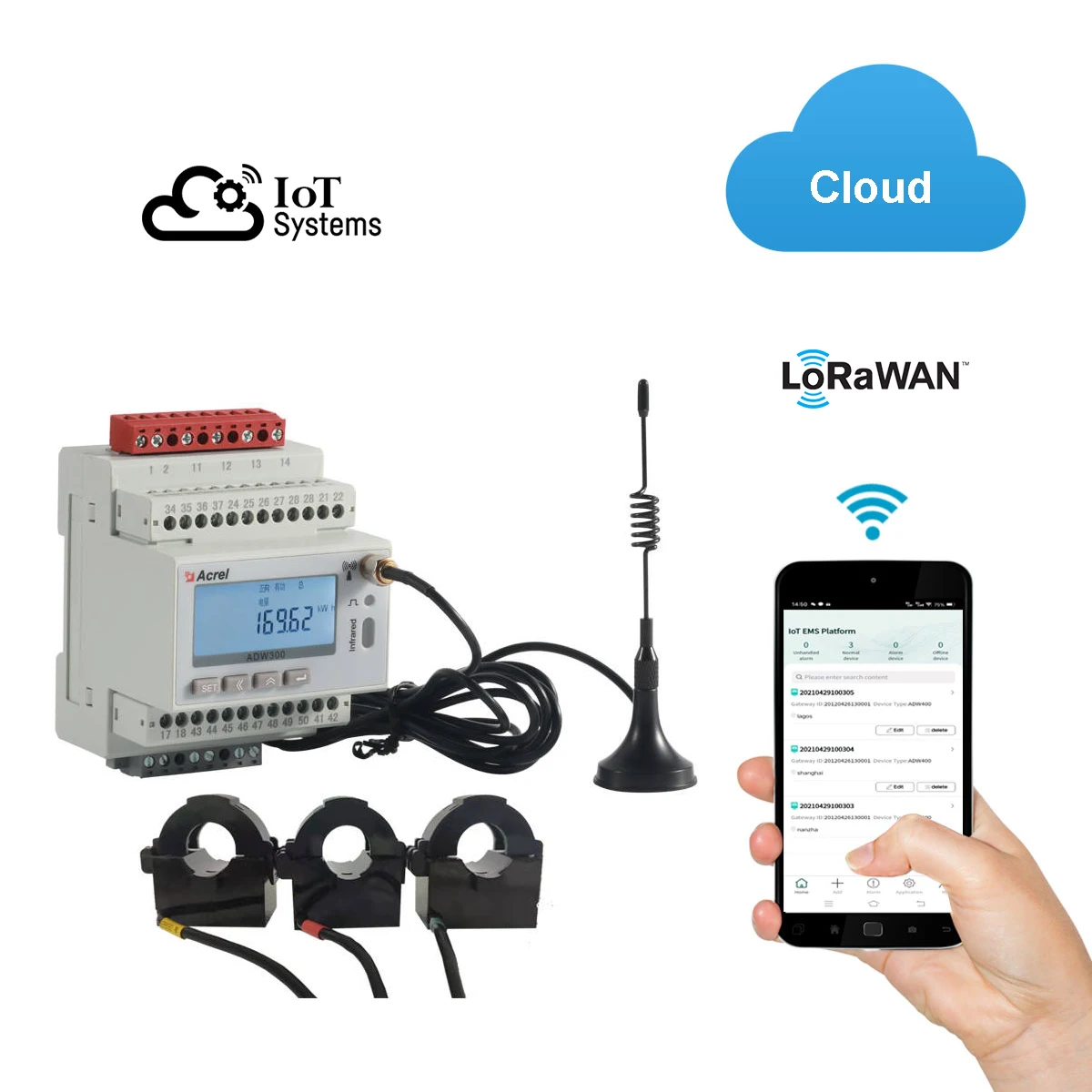 

Acrel ADW300 Smart 3 Phase Lorawan Energy Meter 868MHz 915MHz 923MHz Wireless Remote Power Monitoring System with 3 Pcs 300A Cts