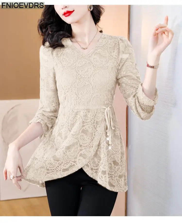 M-4XL Hollow Out Lace Shirts2023 Women European Style Office Lady Drawstring Waist Bow Tie Thick Winter Tunic Peplum Top Blouses M-4XL Hollow Out Lace Shirts2023 Women European Style Office Lady Drawstring Waist Bow Tie Thick Winter Tunic Peplum Top Blouses
