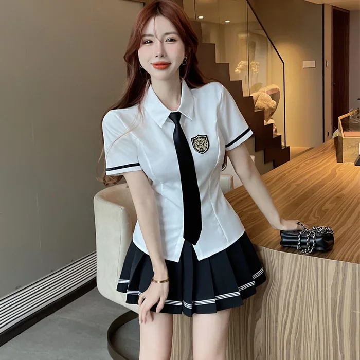 

Gege's Summer Preppy Age-Reducing Contrast Color Tie Shirt + High Waist Slim fit Pleated Skirt Jk Uniform Two-piece Set