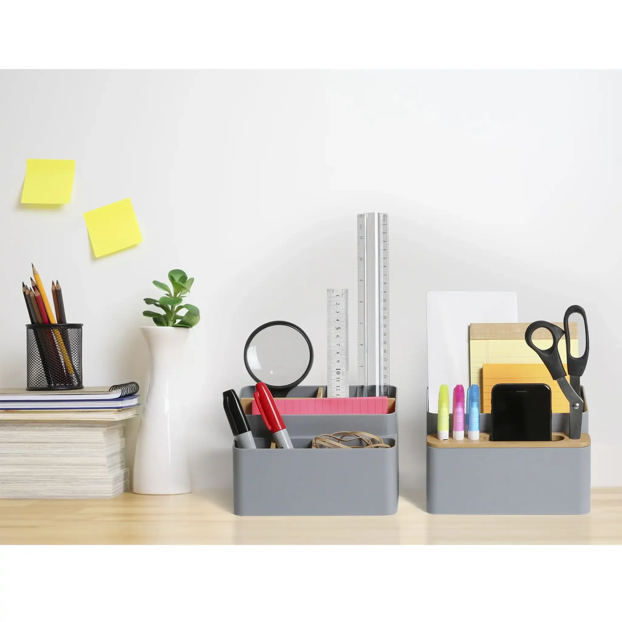 g 2-Piece Bamboo Pen & Pencil Organizer with Drop-In Dividers Phone Holder Office Desk Accessory Set, Gray
g 2-Piece Bamboo Pen & Pencil Organizer with Drop-In Dividers Phone Holder Office Desk Accessory Set, Gray