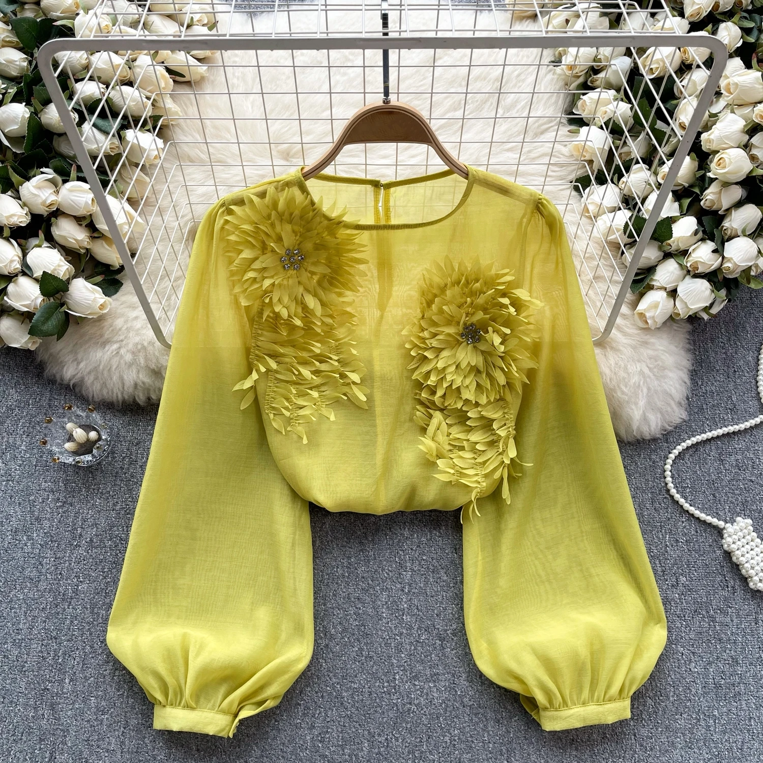 

Clothland Women Sweet Flower Patchwork Blouse Long Sleeve Beading Shirt Female Cute Fashion Tops Blusa Mujer LB092