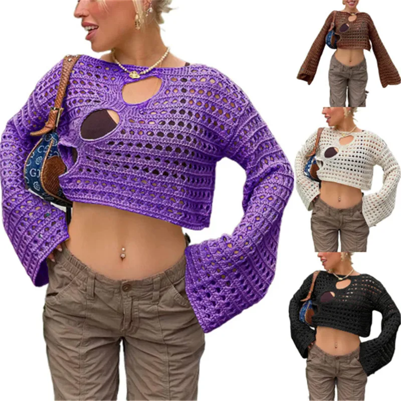 

Женский винтажный Свободный вязаный крючком свитер Y2K с вырезами, Укороченный трикотажный топ, пуловеры, укороченные топы, волшебный свитер, накидка
