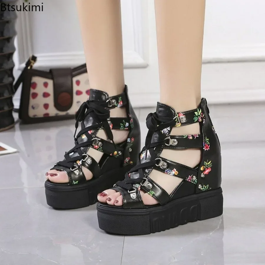 

New 2024 Women's Summer High-heeled Sandals Thick-bottomed Wedge Hollow Fish Mouth Roman Style Gladiator Zipper Platform Sandals