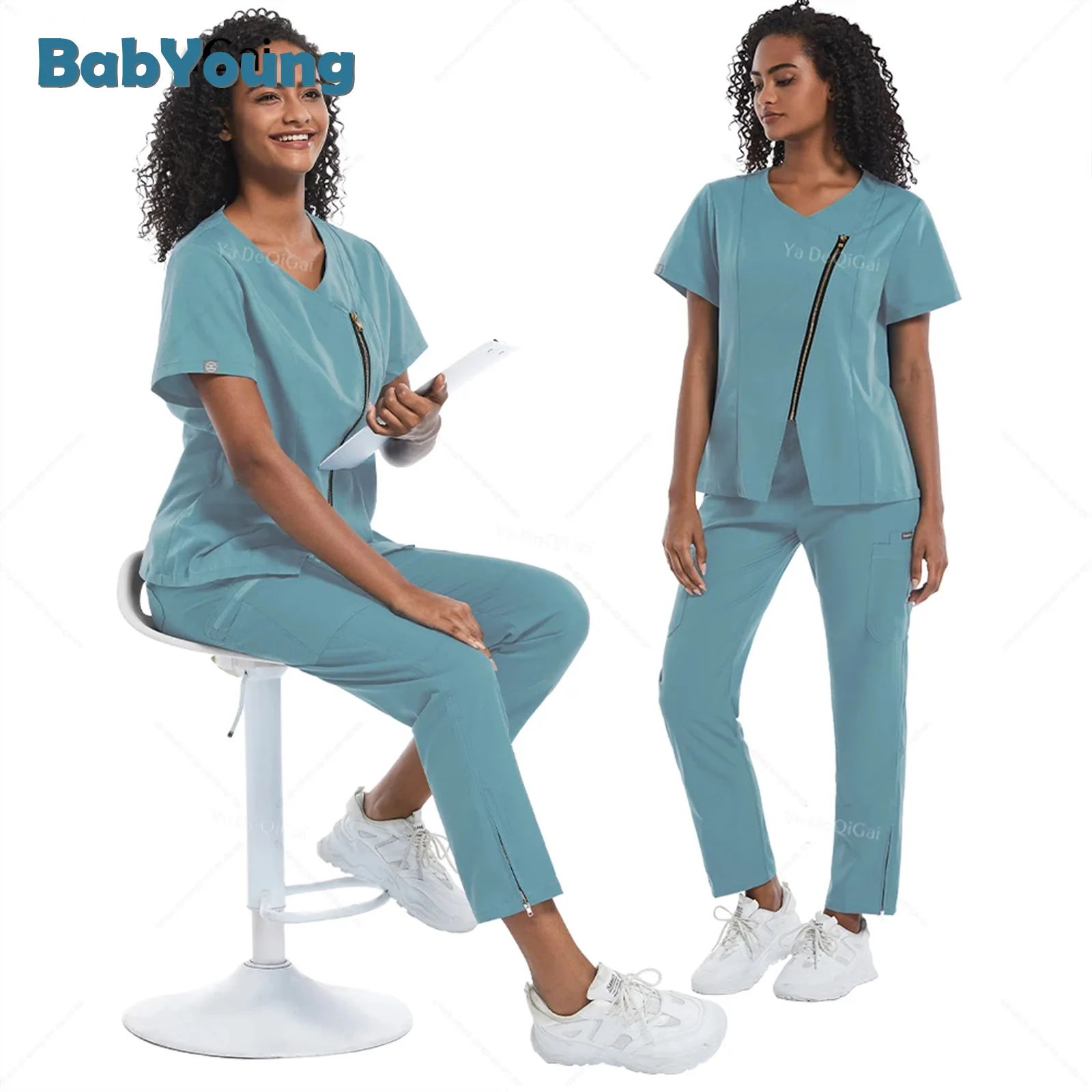 

Zipper Closure Medical Nursing Uniforms Dental Clinic Workwear Hospital Doctor Nurse Scrubs Sets Heathy Beauty Salon Work Suits