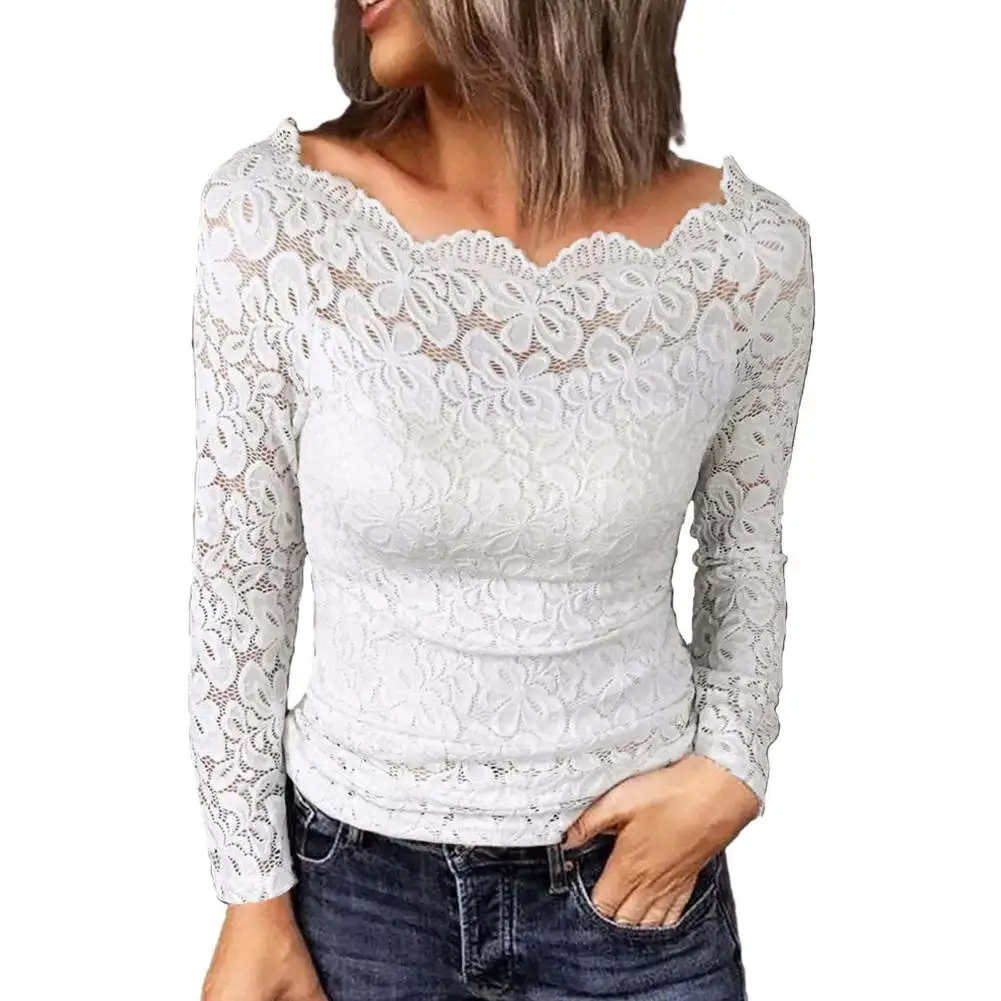 Women Solid Color Top Elegant Hollow Embroidery Lace Off Shoulder Blouse Women's Slim Fit Solid Color Streetwear Top with Long
Women Solid Color Top Elegant Hollow Embroidery Lace Off Shoulder Blouse Women's Slim Fit Solid Color Streetwear Top with Long