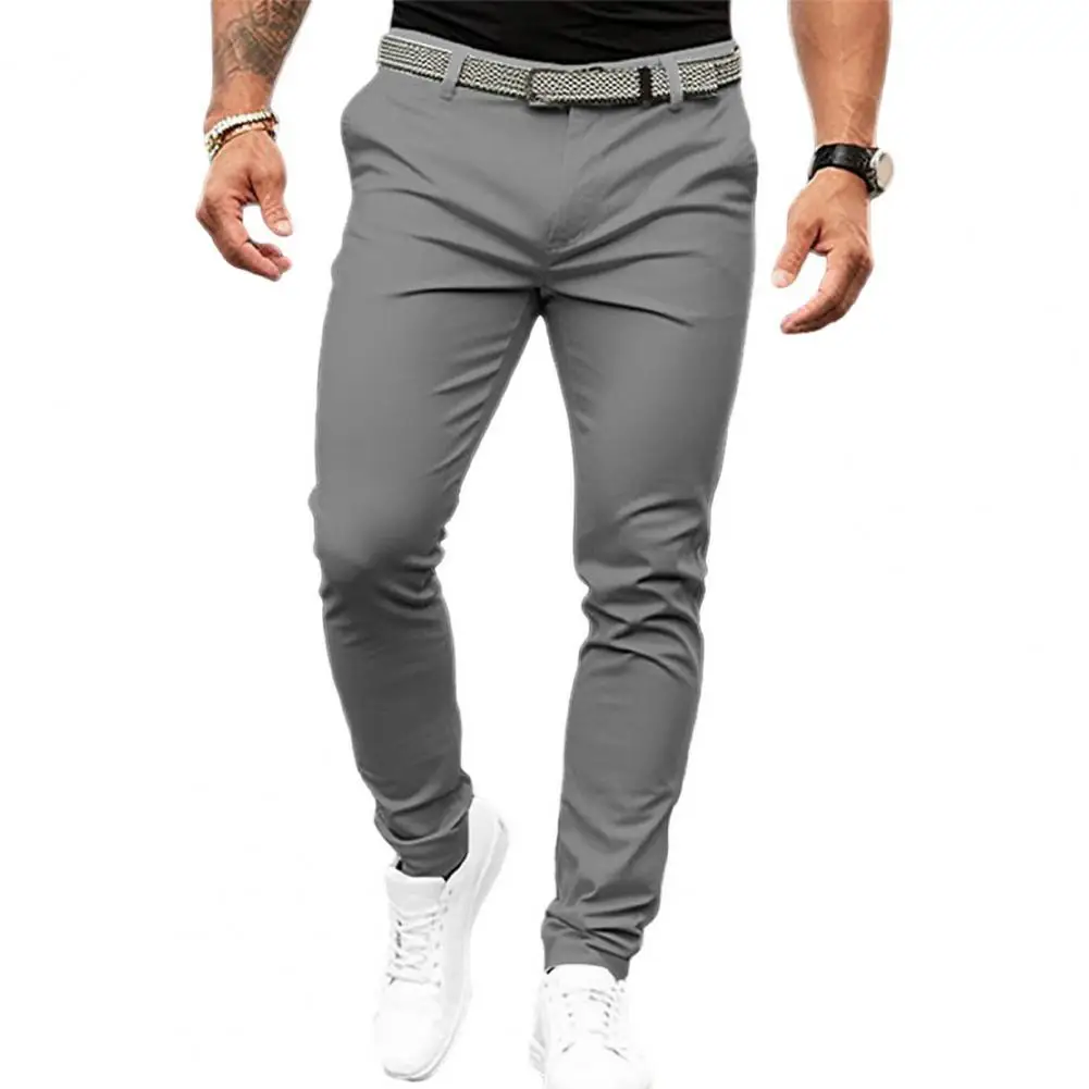 

Solid Color Suit Long Pants Men Mid-rise Slant Pockets Zipper Fly Slim Fit Business Office Trousers Fine Sewing Pants Workwear