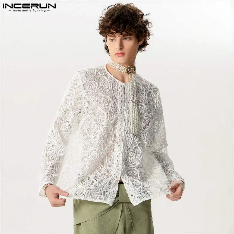 

INCERUN Tops 2024 Stylish New Men's Perspective Jacquard Button Shirts Casual Streetwear Male Long Sleeved Cardigan Blouse S-5XL