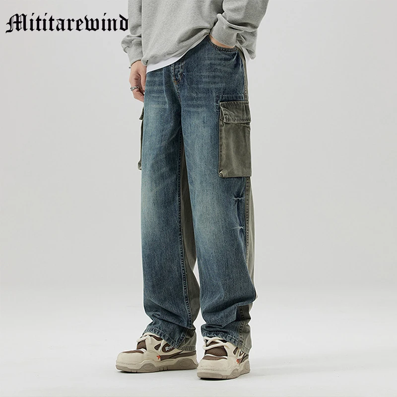 

Джинсы Y2k мужские прямые в стиле карго, модные повседневные брюки из денима в стиле Хай-стрит, в стиле хип-хоп, с широкими штанинами, потертые