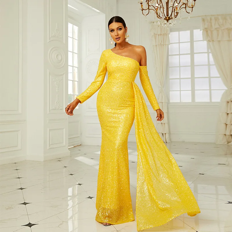 Sequin Oen Shoulder Draped Maxi Formal Dress Women Summer Elegant Wedding Party Long Sleeve Fashion Evening Yellow
Sequin Oen Shoulder Draped Maxi Formal Dress Women Summer Elegant Wedding Party Long Sleeve Fashion Evening Yellow