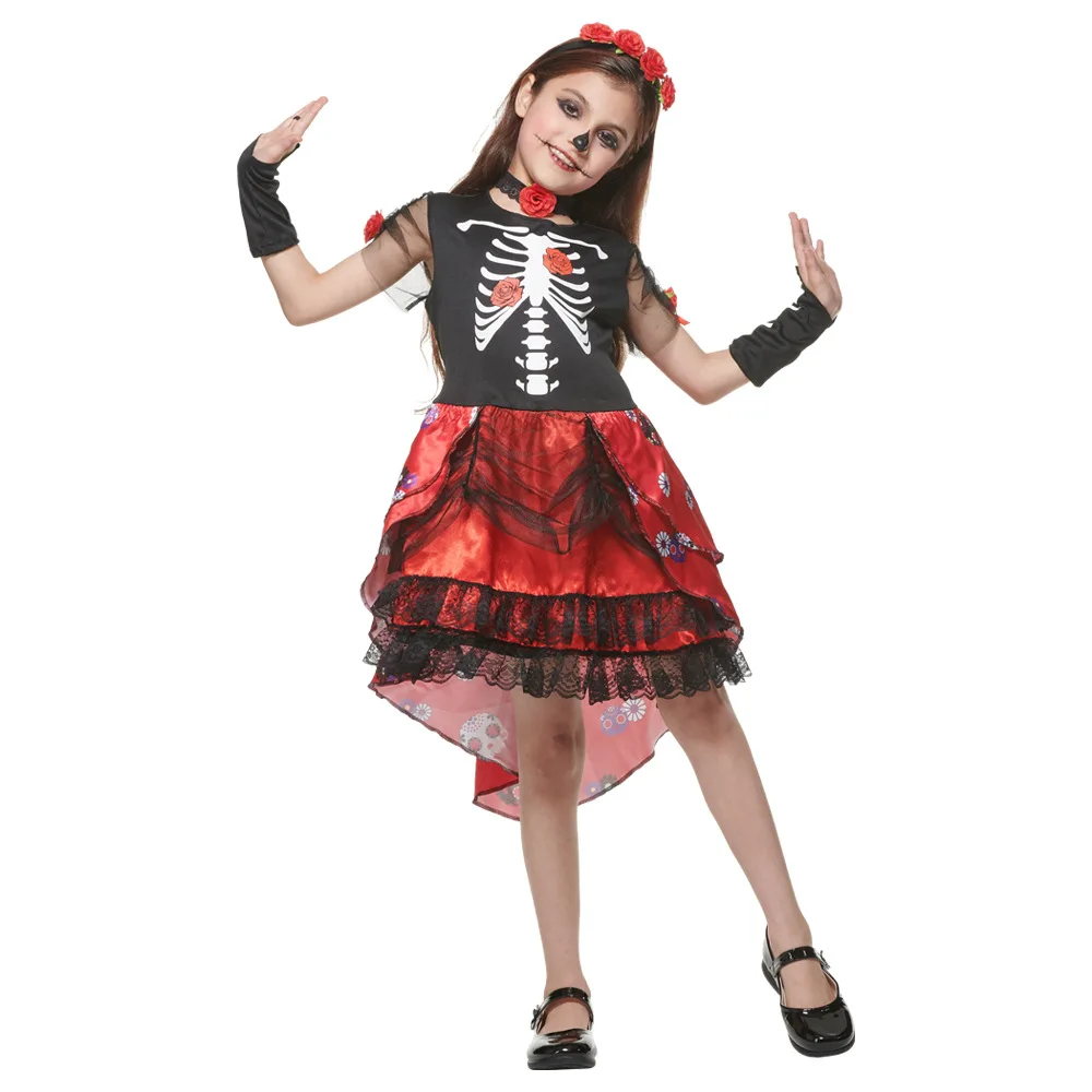 

Girls Skeleton Day Of The Dead Cosplay Kids Children Halloween Ghost Scary Costumes Carnival Purim Parade Role Play Party Dress