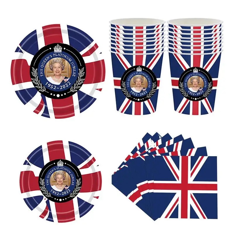 

Queens Platinums Jubilee Tableware Set 114Pcs Union Jack Tableware Set Union Jack Tablecloth/Plates/Cups/Napkins/Bunting