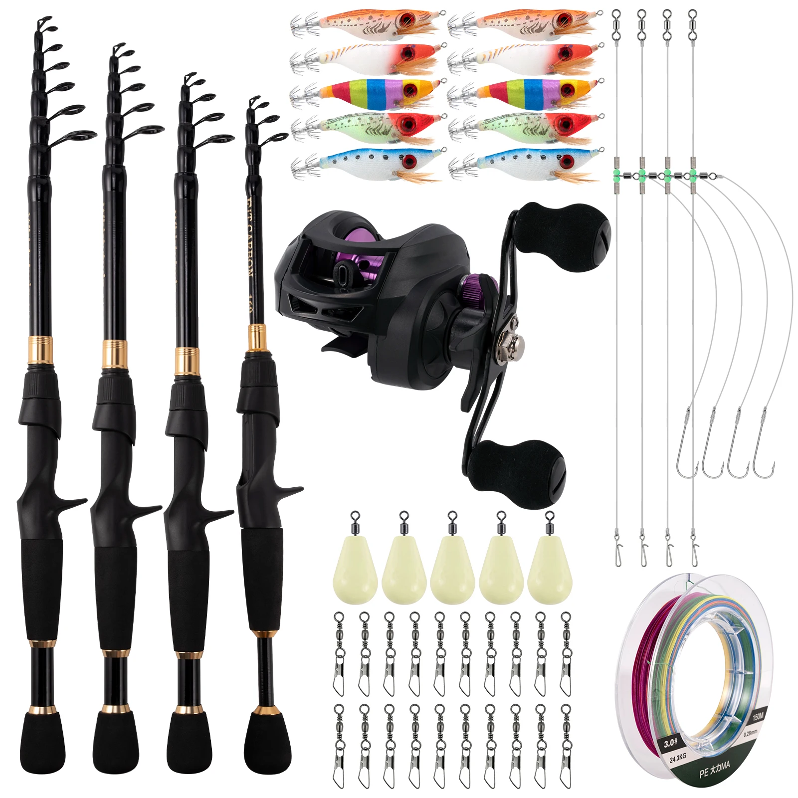 Surf Fishing Rod and Reel Combo 1.6-2.4m Telescopic Rod Baitcasting Reel Luminous Squid Jig Surf Fishing Rig Line Weight Sinker
Surf Fishing Rod and Reel Combo 1.6-2.4m Telescopic Rod Baitcasting Reel Luminous Squid Jig Surf Fishing Rig Line Weight Sinker