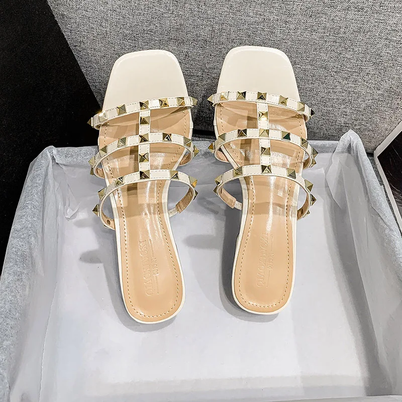 

2023 Summer low heel women rivets sandals thin ribbon fashion Korean design girls shoes large size wear slippers free delivery