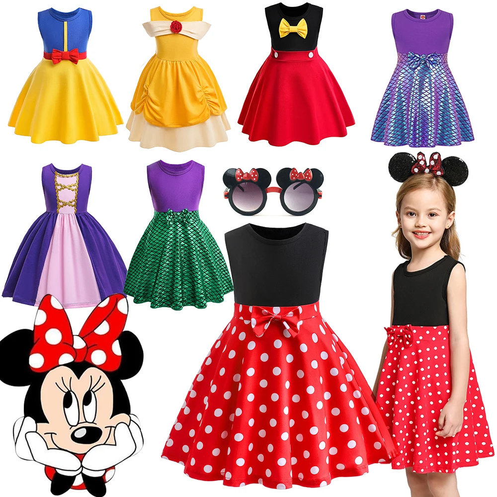 

Disney Girl Dress Minnie Mouse Casual A-Line Dress Summer Sleeveless Mermaid Ariel Rapunzel Children Clothes 3-8Y Daily Vestidos