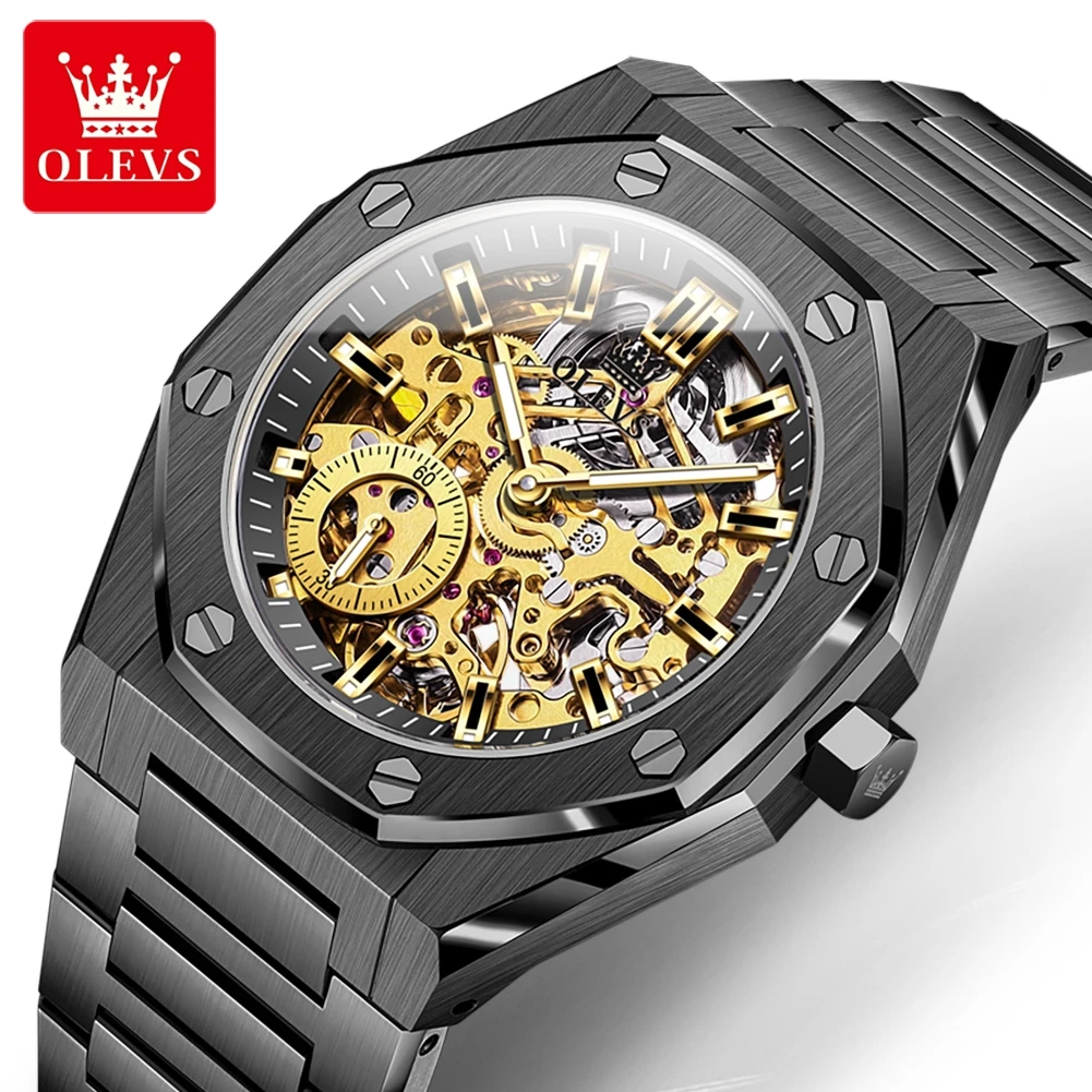 

New OLEVS Men‘s Luxury Skeleton Watch 30M Waterproof Automatic Mechanical Wrist Watches Luminous Black Steel Watch reloj hombre