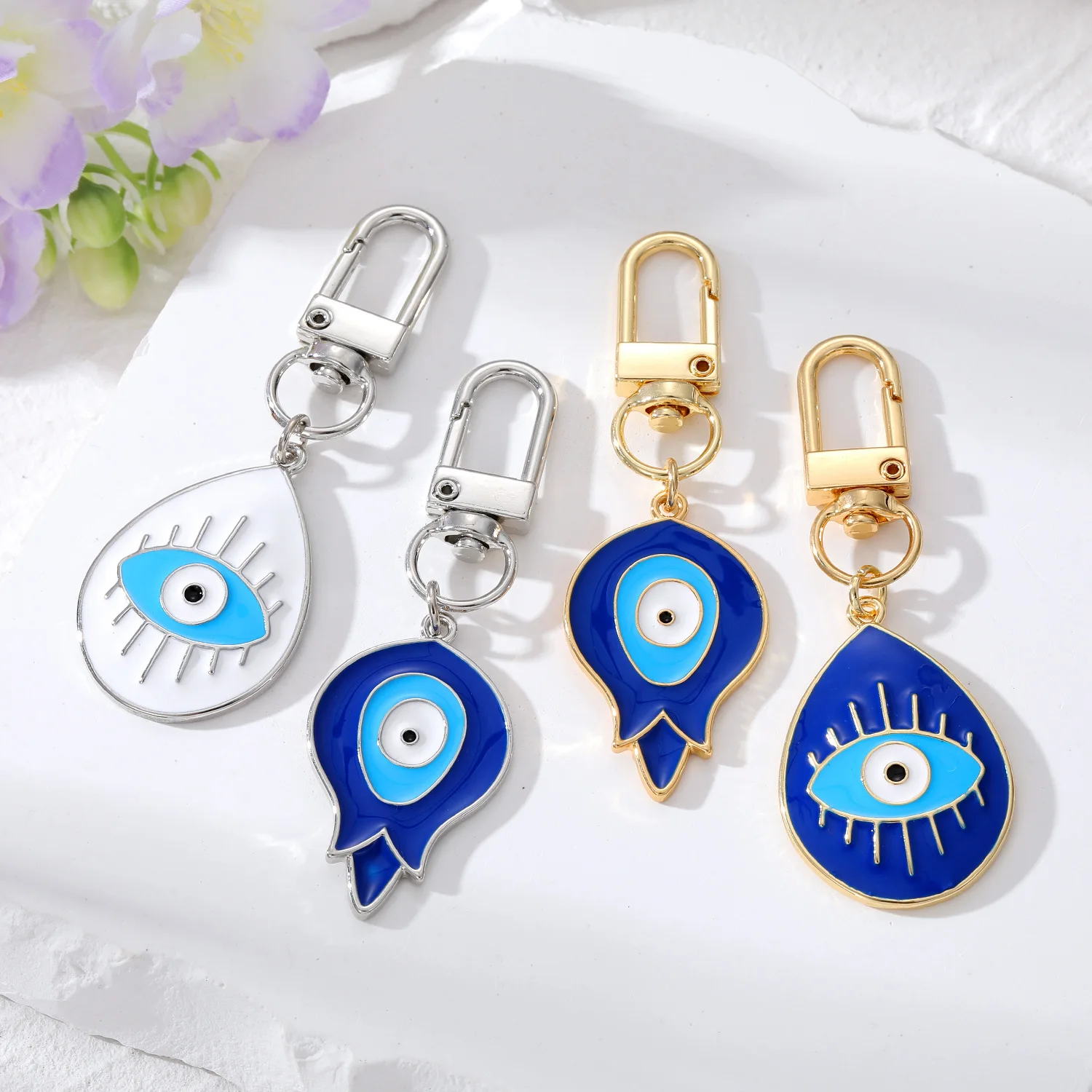 

15pcs Enamel Water Drop Flower Evil Eye Keychains Keyring Lucky Turkish Blue Eye Bag Car Key Chain Accessories Jewelry
