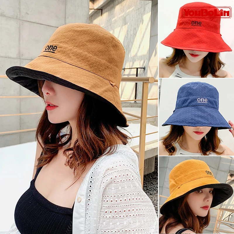 Womens ‘ONE‘ Letter Embroidery Double-Sided Cotton Bucket Hat S9bd5f63ee1aa40afa82bd90b3ae4baa0p