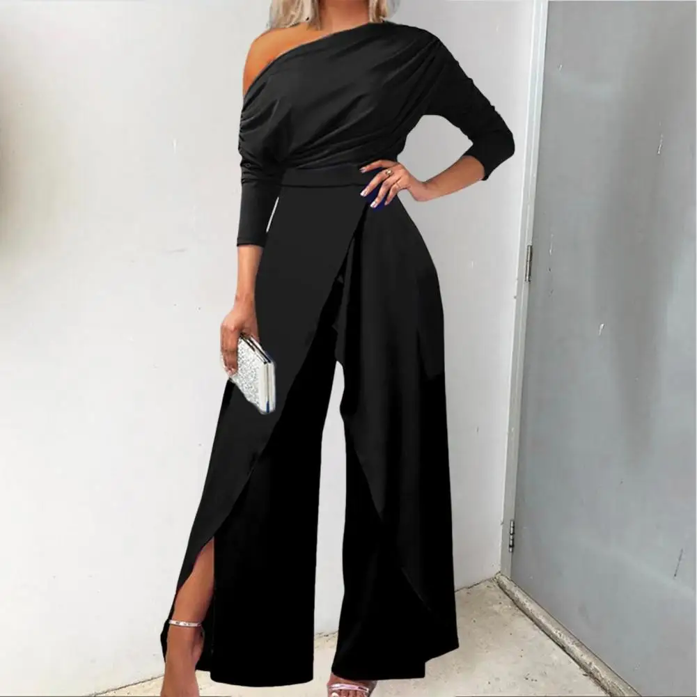 

Women Elegant Off Shoulder Jumpsuit Skew Collar Long Sleeve Waist Tight Solid Color Wide Leg Office Lady Party Playsuit Overalls