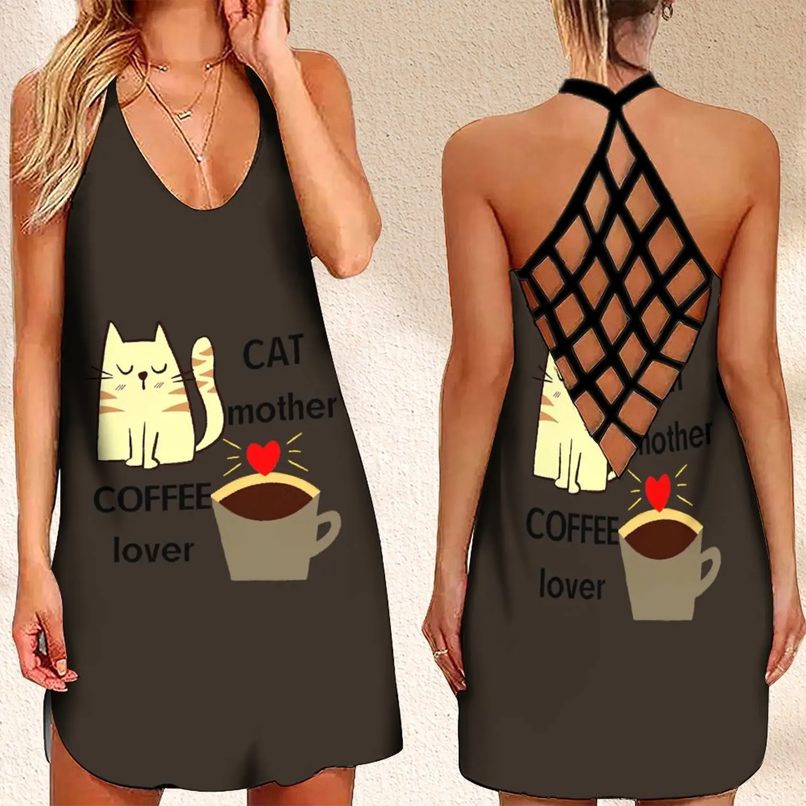

Fashion Women's Criss Cross Backless Sleeveless Dress SummerCat Mother Coffee Lover Print Women's Summer Dress