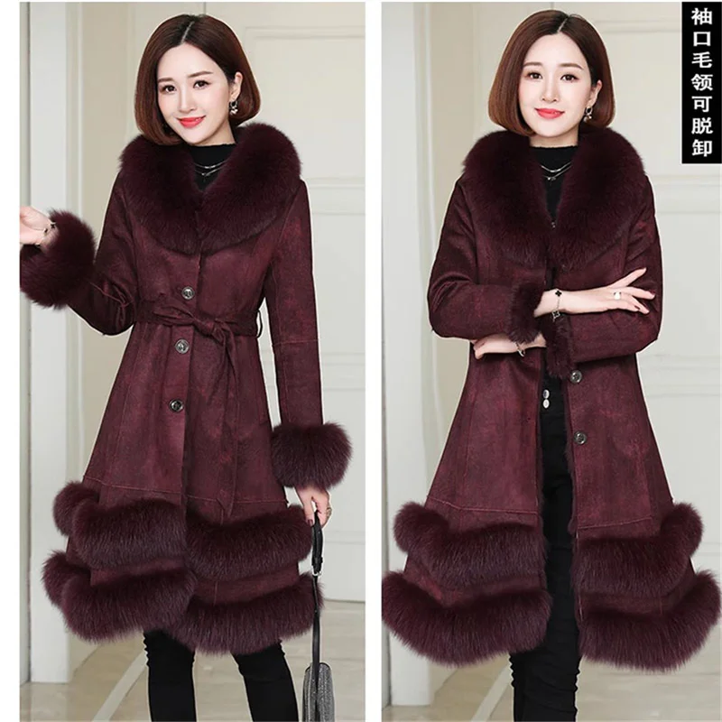 

2024New Haining Leather Otter Rabbit Fur Integrated Women's Long Faux Fox Fur Collar Slim Fitting Fur Jacket Female Coat Vintage