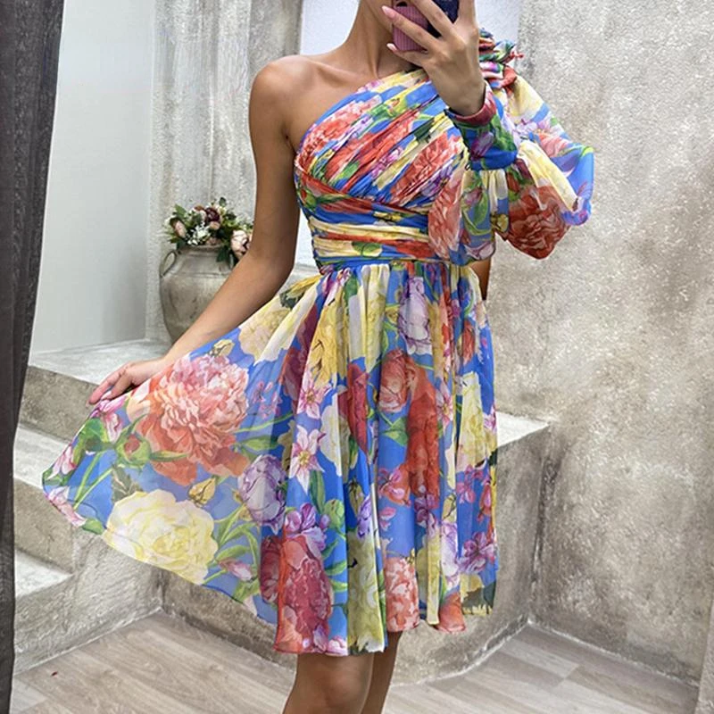 

Summer Sexy Slash Neck Ruffles Mini Dress Women Elegant Floral Print Long Sleeve Party Dress Fashion Off Shoulder Pleated Dress