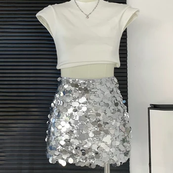 Mini Saias Ruffle Para Mulheres: Um Essencial Versátil Para a Praia e Para Além 11 Sexy Shiny Skirts Women Mini Skirt High Waisted Club Slit Zipper Sequins A-Line Slim Y2k Skirt Hot Girls Summer Chic Fashion