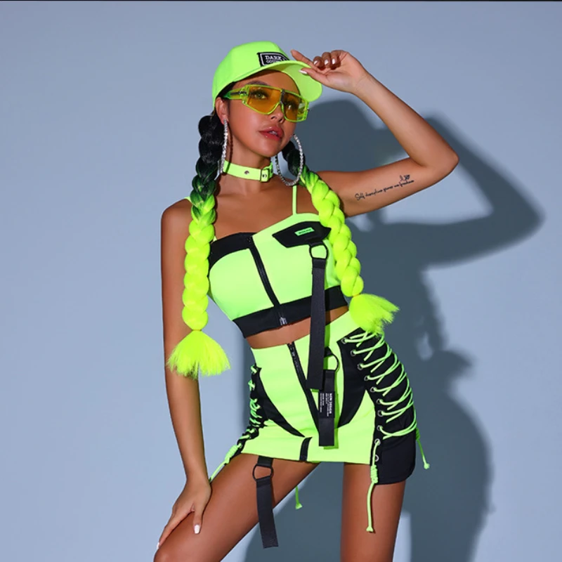 

Neon Green Kpop Outfit Street Dance Clothes Women Korean Hip Hop Crop Top Shorts Skirt Sexy Rave Festival Outfit Wig Hat Jazz