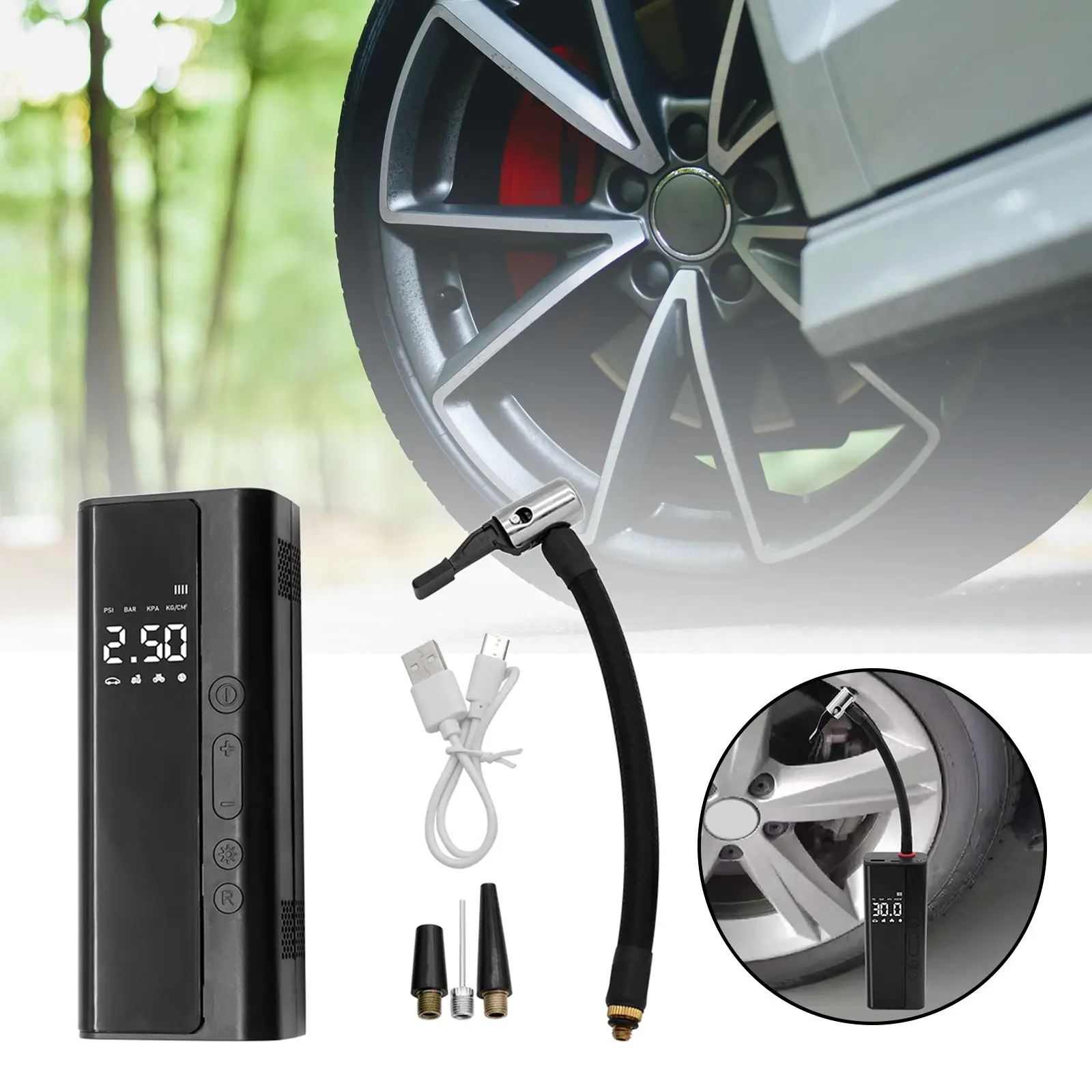 

Tire Inflator Multipurpose with LED Light Car Accessories Pump Tire Pump Portable Air Compressor for Balls Car