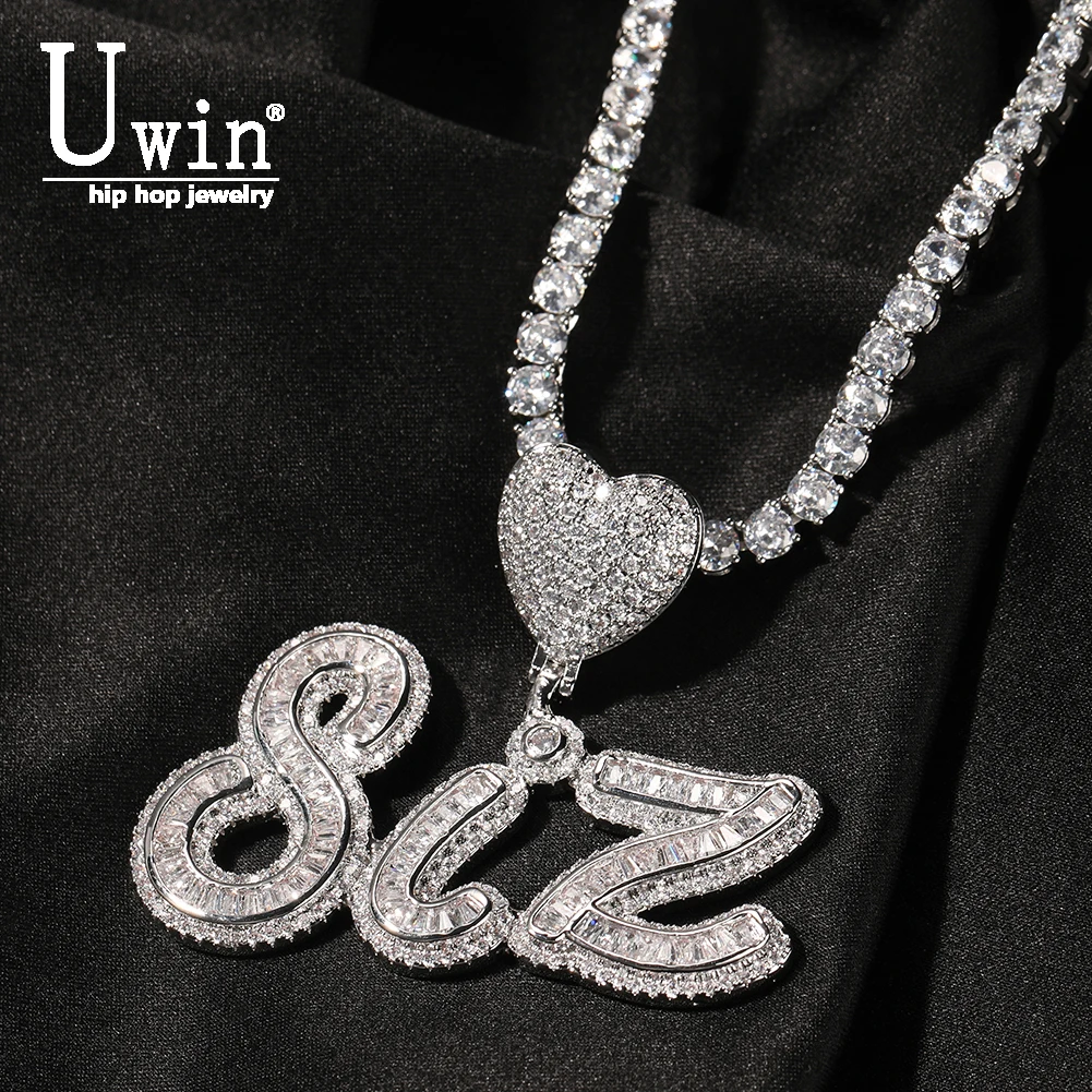 

UWIN Custom Baguette CZ Name Pendant with Heart Bezel Iced Out Necklace Charms Tennis Chain Cursive Nameplate Fashion Jewelry