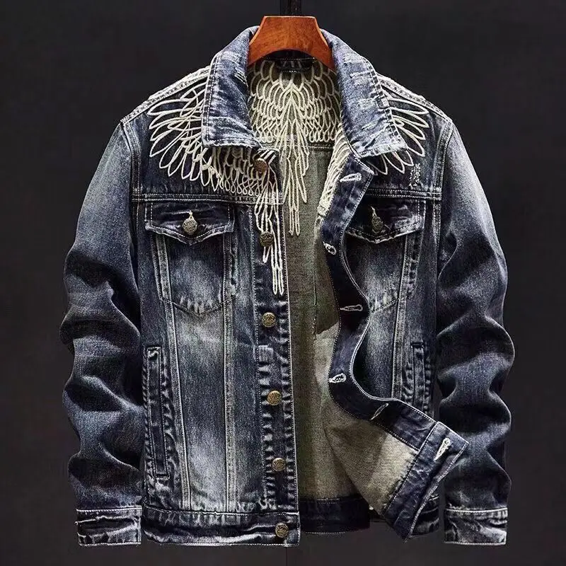 Light Luxury Men’s Classic Style Denim Coat,Wings Embroidery Decors Blue Jackets,Hard Wash Street Fashion Sexy Denim Jacket;
Light Luxury Men’s Classic Style Denim Coat,Wings Embroidery Decors Blue Jackets,Hard Wash Street Fashion Sexy Denim Jacket;